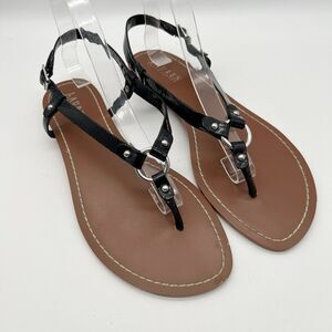 Lauren by Ralph Lauren Aurelia Black Patent Flat Harness Thong Sandals Women 10